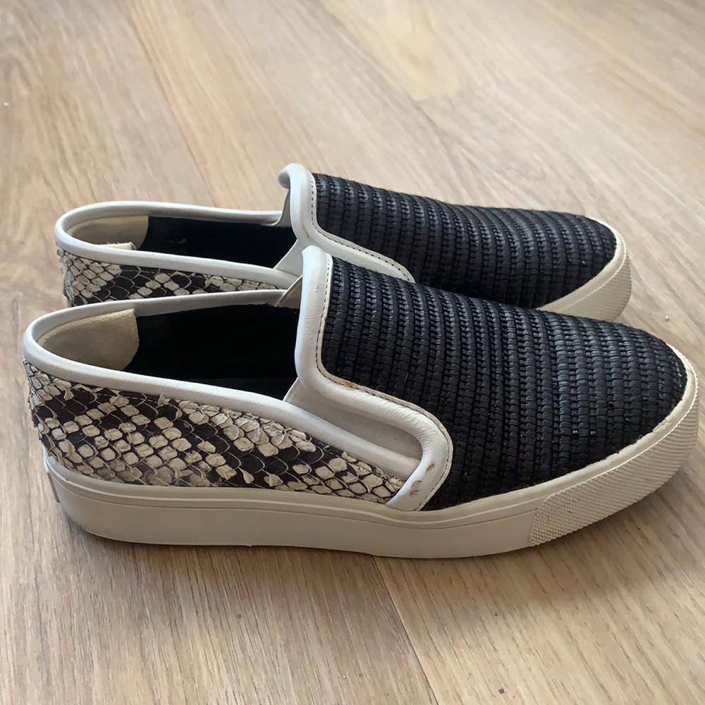 VINCE Snakeskin and Black Woven Slip-ons